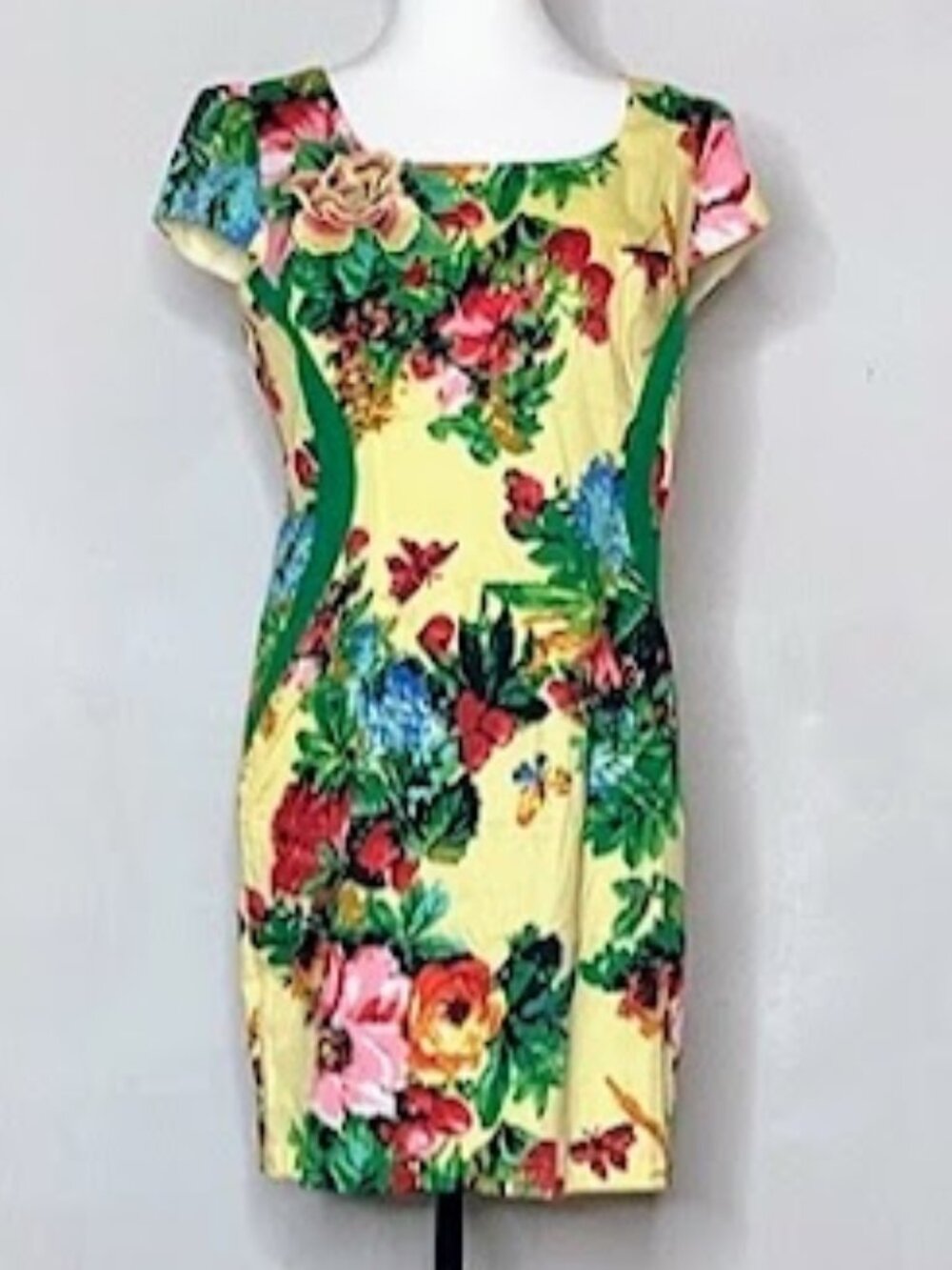 Yellow Floral Print Sheath Dress Cap Sleeve Square Neck Size XL
